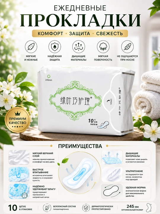 Kundalik gigiyenik prokladkalar 245 mm, yumshoq, nafas oluvchi, 10 dona