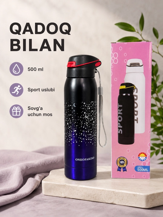 500 ml sport termos, trubkali qopqoq va tasma bilan