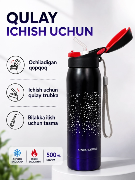 500 ml sport termos, trubkali qopqoq va tasma bilan