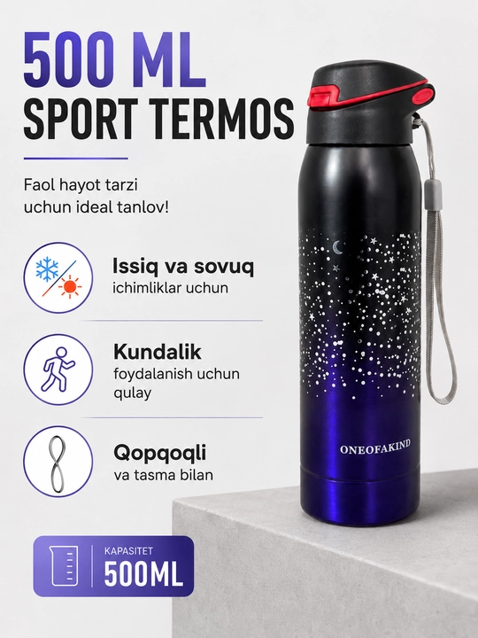 500 ml sport termos, trubkali qopqoq va tasma bilan