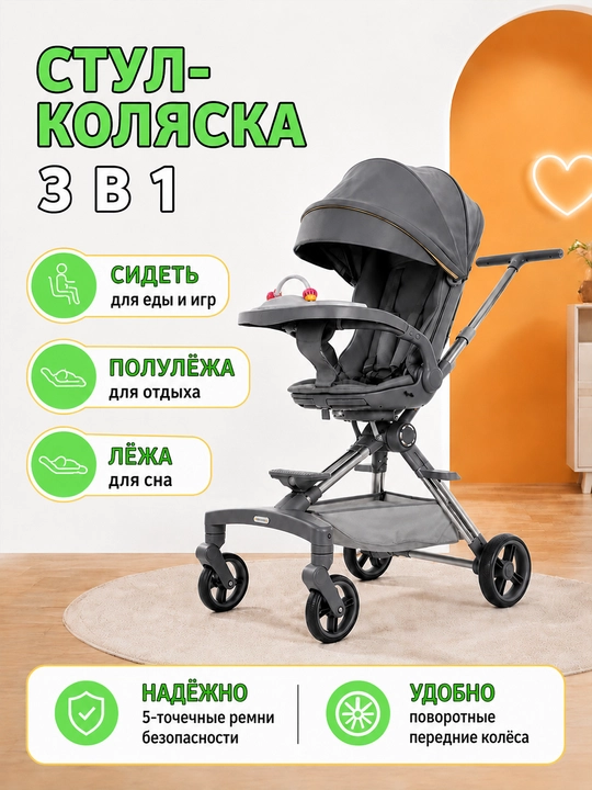 Детская коляска 4 колеса, сиденье 360°, складная, амортизация