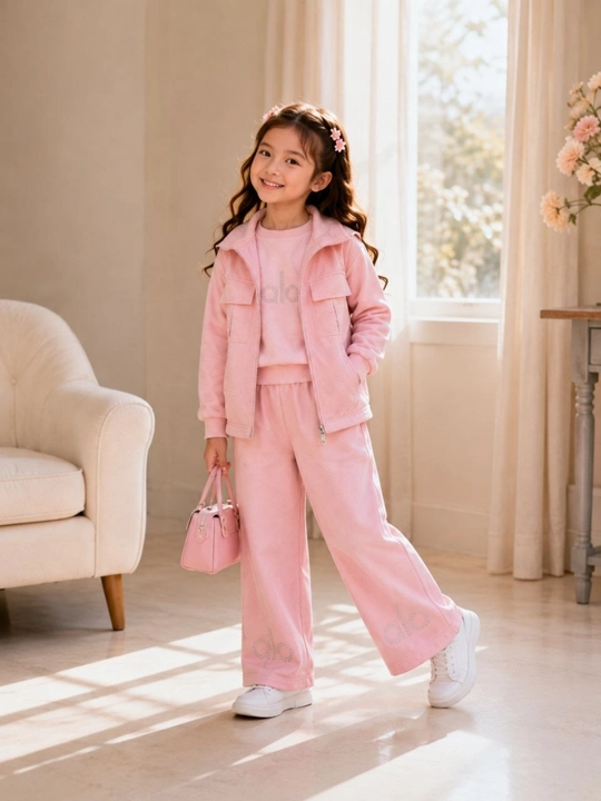 Qizlar uchun 3 qismli sport kostyum, nimcha, kofta va keng shim, 7–10 yosh