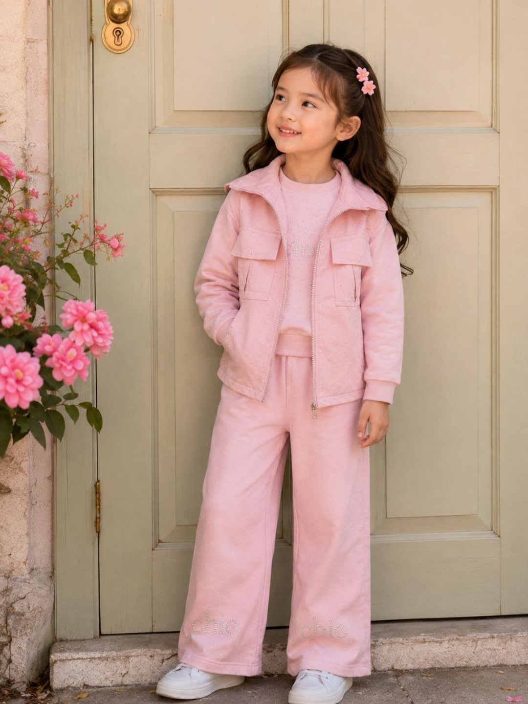 Qizlar uchun 3 qismli sport kostyum, nimcha, kofta va keng shim, 7–10 yosh