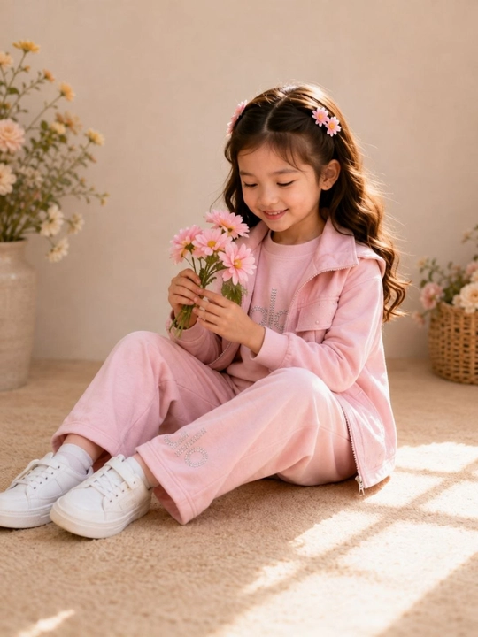 Qizlar uchun 3 qismli sport kostyum, nimcha, kofta va keng shim, 7–10 yosh