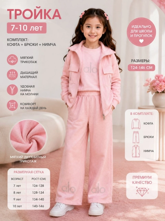 Qizlar uchun 3 qismli sport kostyum, nimcha, kofta va keng shim, 7–10 yosh - 