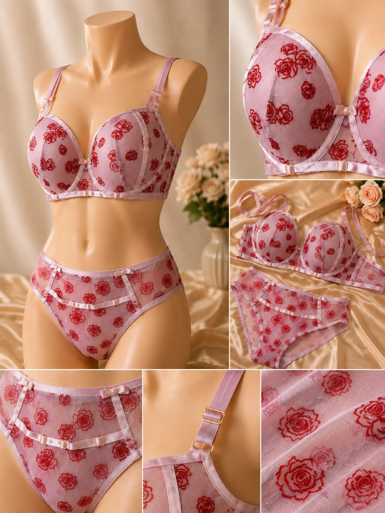 Ayollar ichki kiyim to‘plami, gul naqshli, yengil push-up, to‘rli, M–XL