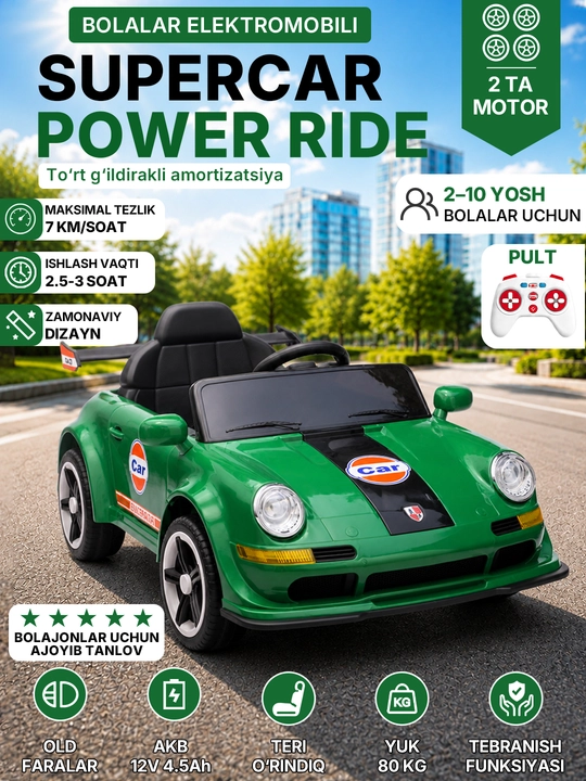 12V 4x390 kuchlanishli, to‘liq uzatmali, APP+pultli, EVA g‘ildirakli bolalar elektromobili