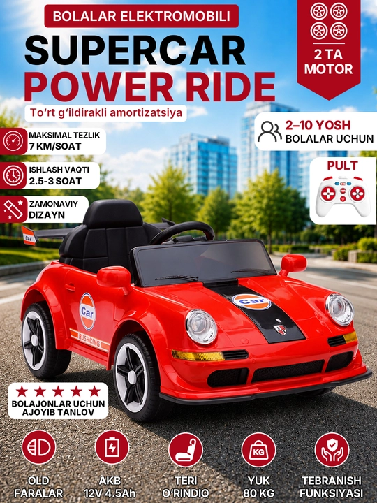 12V 4x390 kuchlanishli, to‘liq uzatmali, APP+pultli, EVA g‘ildirakli bolalar elektromobili