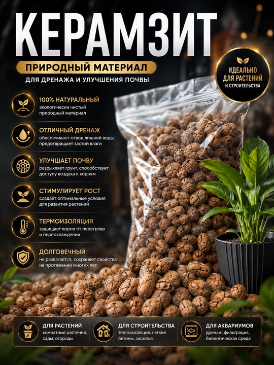 Drenaj, orxideyalar, bog‘ bezaklari va terrariumlar uchun universal keramzit - 