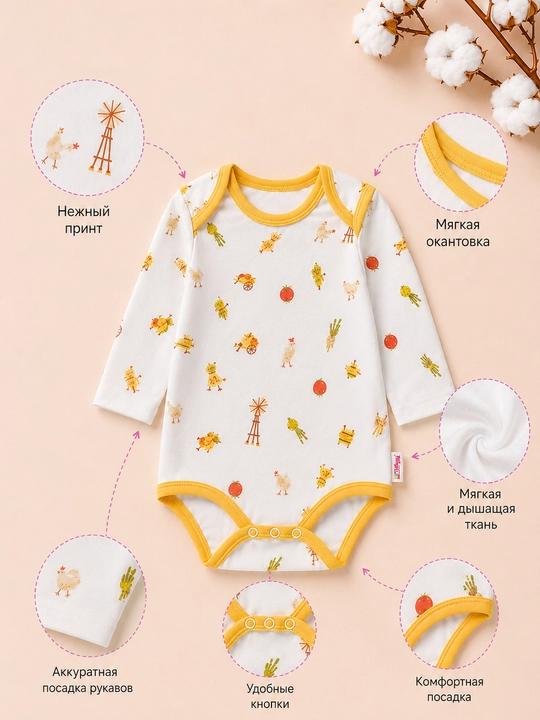 Kichkintoy uchun Tiffany Baby uzun yengli bodi, 100% organik paxtadan tayyorlangan