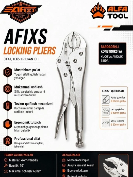 AFIXS Professional qisqichli ombur, 10 dyuym, xrom-vanadiy po‘lat, 60 mm - 