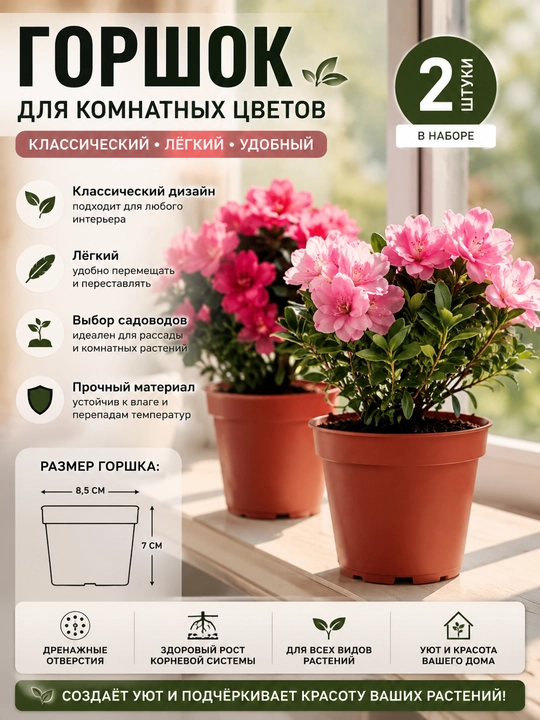 Горшочек для цветов, классический дизайн, без поддона, 7*8 см, 2 шт - 