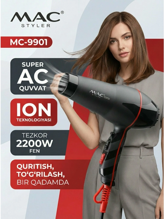M.A.C Styler MC-9901 professional soch fen — ionizatsiyali quritish va turmaklash uchun