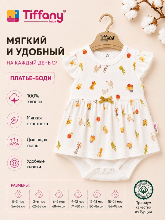 Tiffany Baby chaqaloq qizlar uchun ko‘ylak-bodi, 100% organik paxta - 