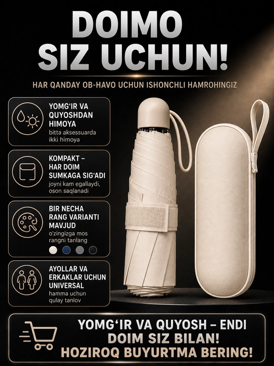 Mexanik kompakt mini soyabon, 6 tayoqcha, UPF 50+, suv o'tkazmaydigan, g'ilofli