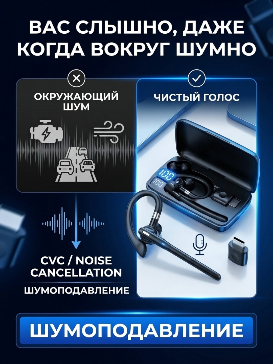 Bluetooth quloqchin, mikrofonli simsiz garnitura, haydovchilar uchun, shovqin pasaytirish