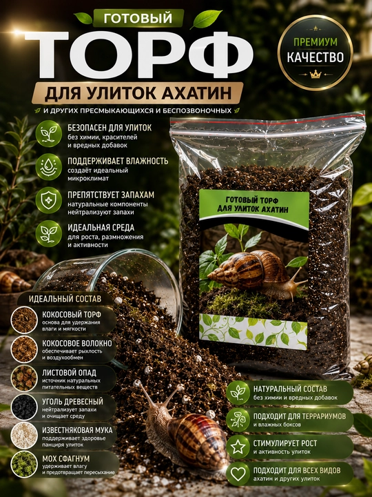 Грунт для улиток, террариумов и рептилий, готовый торфяной грунт, идеальный состав - 