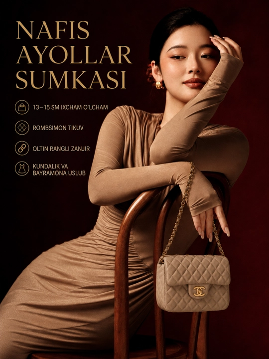 Chanel yozuvli ayollar yelka sumkasi, zanjirli tasma va stegan dizayn