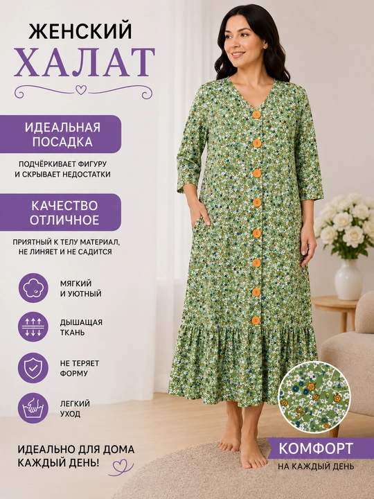 Ayollar uchun tugmali va cho‘ntakli uy xalati MILANA - 