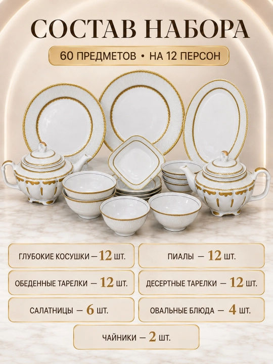 12 kishilik chinni idishlar to‘plami, 60 predmetli oshxona servisi