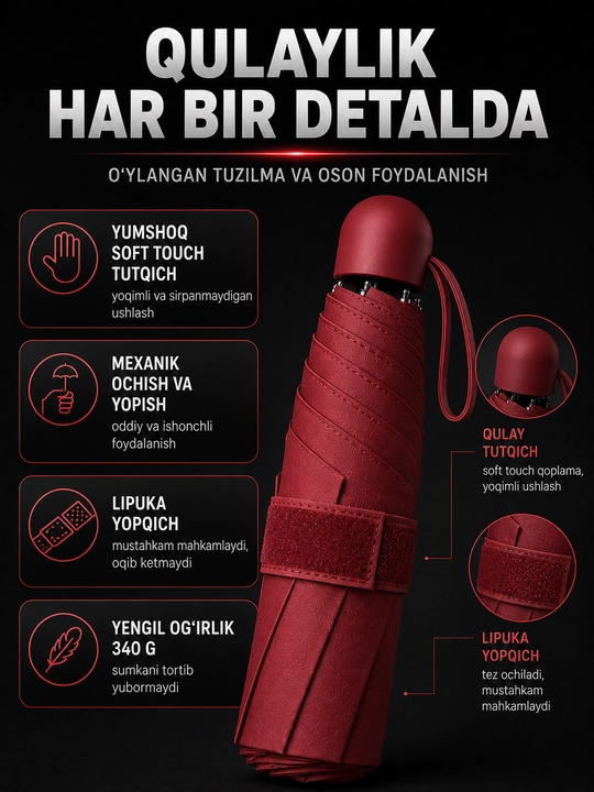 Mexanik kompakt mini soyabon, 6 tayoqcha, UPF 50+, suv o'tkazmaydigan, g'ilofli