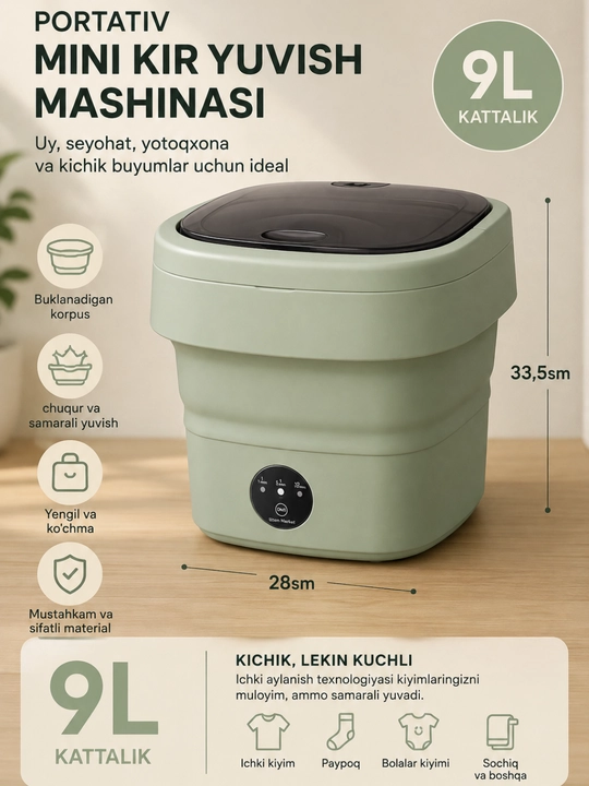 Mini kir yuvish mashinasi kir moshina, ixcham va ko‘chma, 4,5 L / 6 L / 9 L