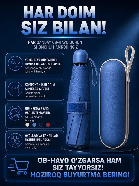 Mexanik kompakt mini soyabon, 6 tayoqcha, UPF 50+, suv o'tkazmaydigan, g'ilofli