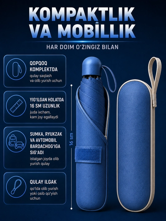 Mexanik kompakt mini soyabon, 6 tayoqcha, UPF 50+, suv o'tkazmaydigan, g'ilofli