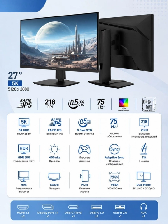 MSI MAG 276KPD7 monitor 27", 5K UHD, Rapid IPS, Dual Mode, 0.5 ms - 