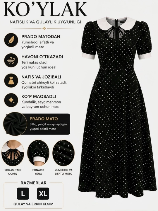 Prado ko'ylak, ayollar ko'ylagi, nuqtali, L XL, nafis, yozgi, klassik