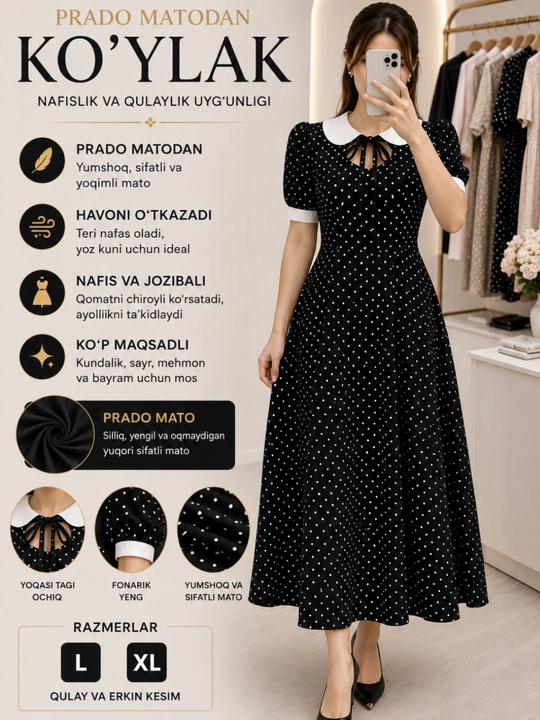 Prado ko'ylak, ayollar ko'ylagi, nuqtali, L XL, nafis, yozgi, klassik - 