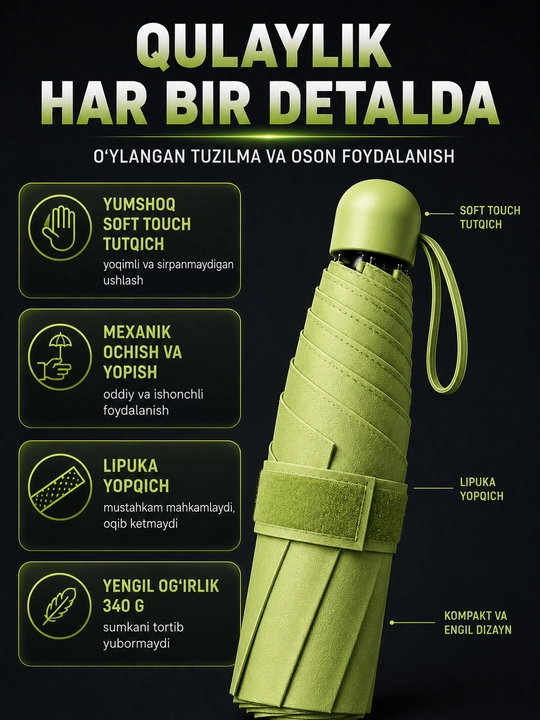 Mexanik kompakt mini soyabon, 6 tayoqcha, UPF 50+, suv o'tkazmaydigan, g'ilofli