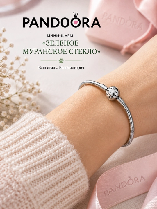 Pandora «Yashil Murano shishasi» mini sharmi 794773C02, 925 kumush, Pandora Moments