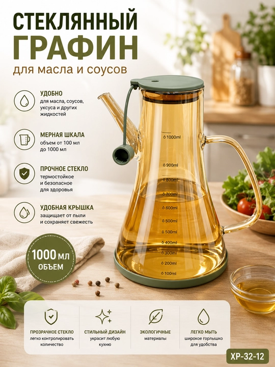 Стеклянная бутылка-дозатор, 600x1000 мл, с крышкой и подставкой, для масла и соуса - 
