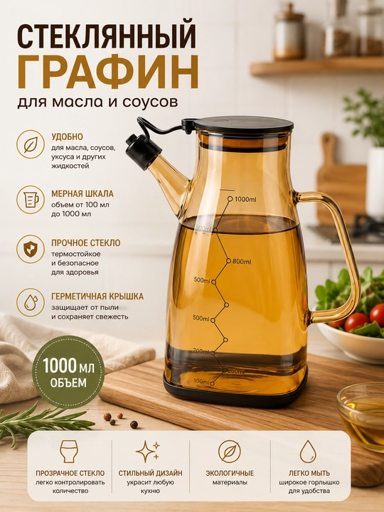 Стеклянная бутылка-дозатор, 600x1000 мл, с крышкой и подставкой, для масла и соуса - 