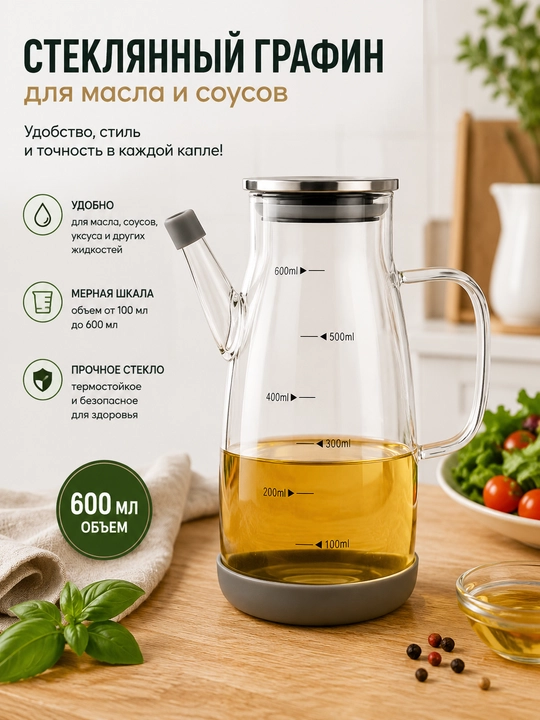 Стеклянная бутылка-дозатор, 600x1000 мл, с крышкой и подставкой, для масла и соуса - 