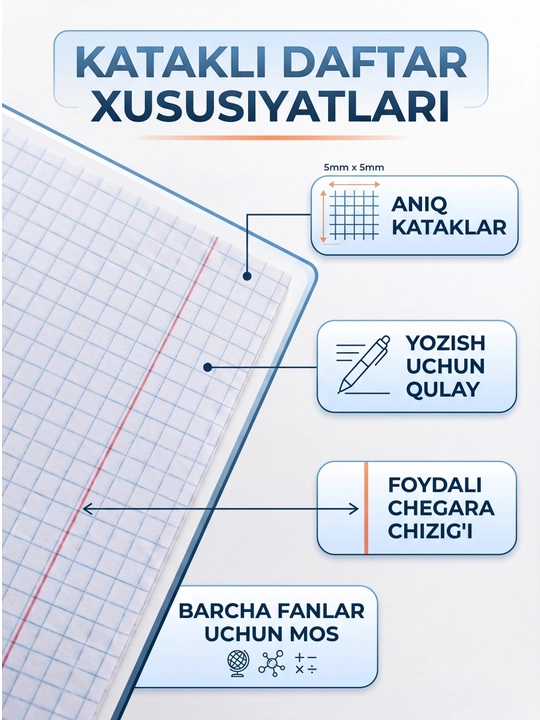 36 varaqli 12 xil fanlar daftari maktab uchun katakli daftar, yozuv fanlar uchun
