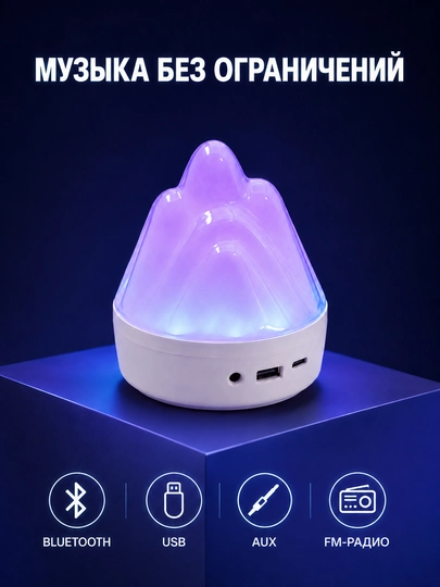 Ночник-вулкан RGB с Bluetooth-колонкой, FM-радио, USB, AUX и аккумулятором 800 мАч