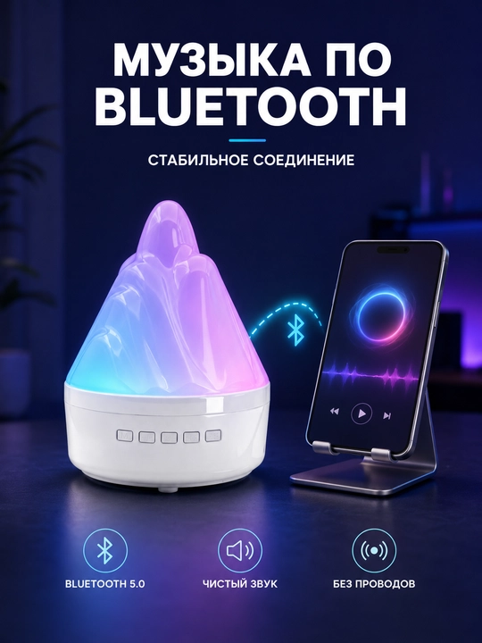Ночник-вулкан RGB с Bluetooth-колонкой, FM-радио, USB, AUX и аккумулятором 800 мАч