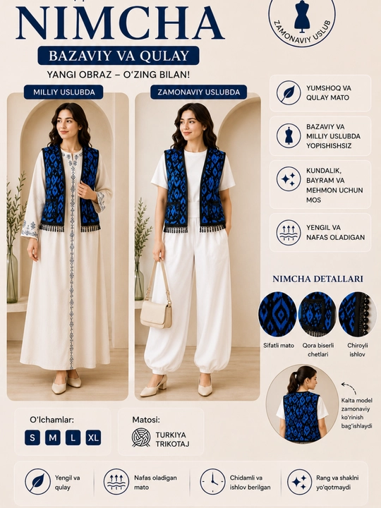 Milliy nimcha, qovilgan nimcha, XB mato, qo‘l mehnati, ayollar nimchasi