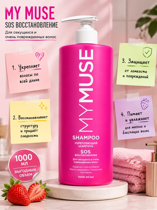 MY MUSE shampun, soch parvarishi, quruq soch, shikastlangan soch, 1000 ml to'kilishni to'x