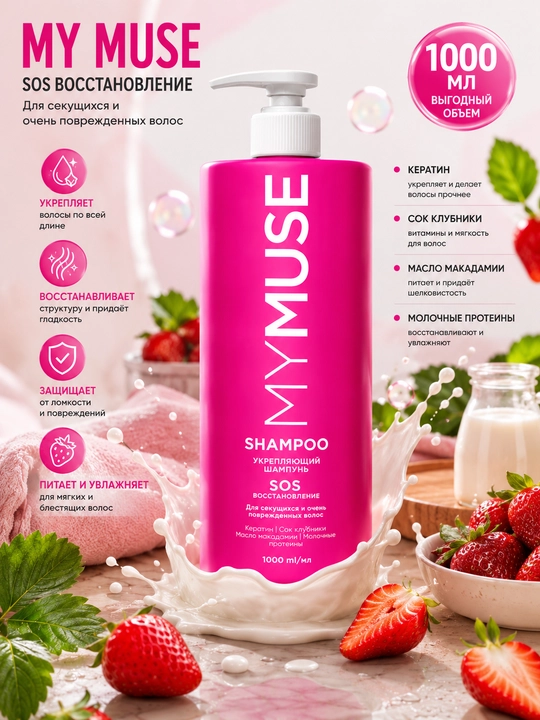 MY MUSE shampun, soch parvarishi, quruq soch, shikastlangan soch, 1000 ml to'kilishni to'x - 