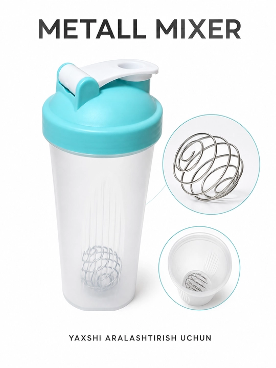 Sport shaker metall mixer bilan, shaffof korpusli, protein va ichimliklar uchun