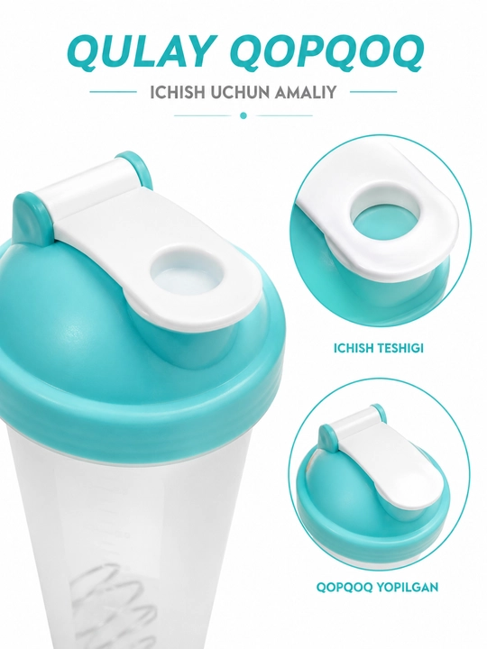 Sport shaker metall mixer bilan, shaffof korpusli, protein va ichimliklar uchun