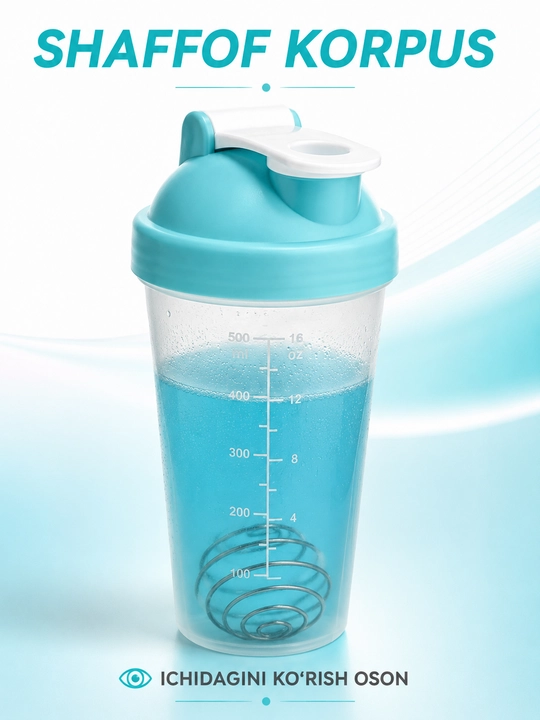 Sport shaker metall mixer bilan, shaffof korpusli, protein va ichimliklar uchun