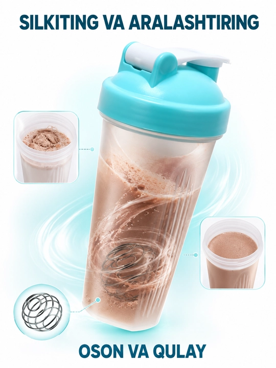 Sport shaker metall mixer bilan, shaffof korpusli, protein va ichimliklar uchun