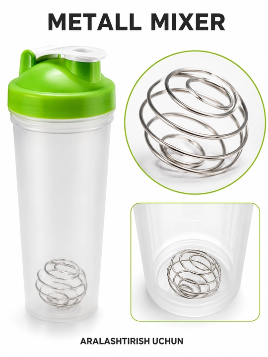 Sport shaker metall mixer bilan, shaffof korpusli, protein va ichimliklar uchun