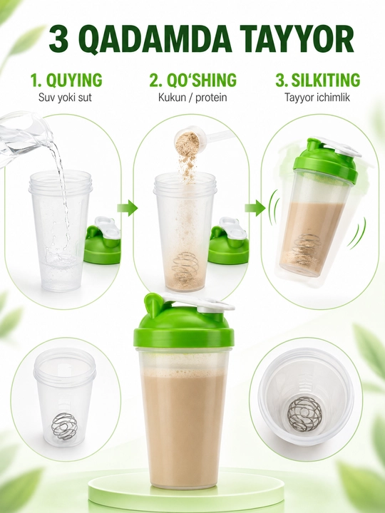 Sport shaker metall mixer bilan, shaffof korpusli, protein va ichimliklar uchun