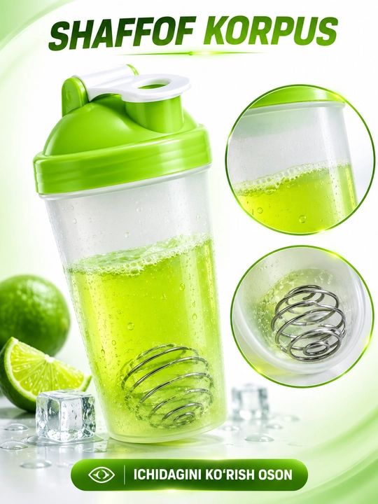 Sport shaker metall mixer bilan, shaffof korpusli, protein va ichimliklar uchun