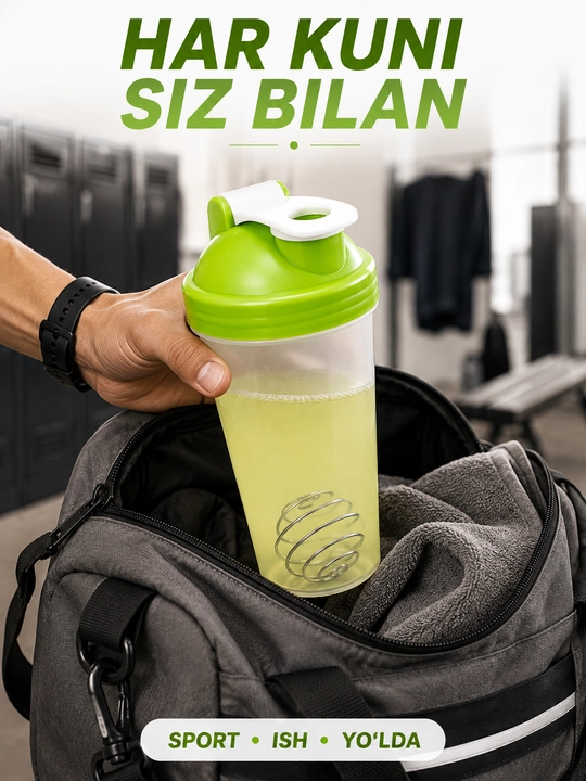 Sport shaker metall mixer bilan, shaffof korpusli, protein va ichimliklar uchun